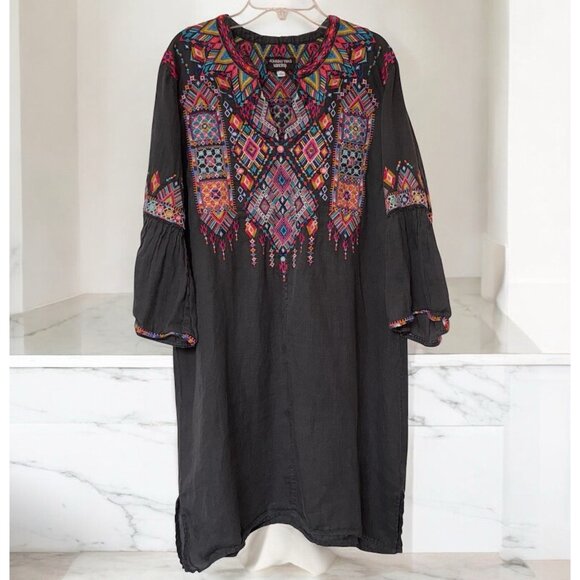 Johnny Was Workshop Embroidered Dress Womens Large Black Bell Sleeve Semi Sheer - Picture 1 of 10